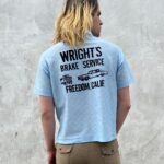 SO RAD! SHEER DIAMOND WEAVE HENLEY POLO SHIRT VELVET FLOCKED LETTERING – WRIGHTS BRAKE SERVICE, FREEDOM, CALIFORNIA