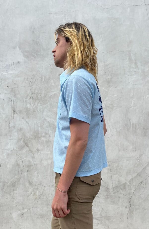SO RAD! SHEER DIAMOND WEAVE HENLEY POLO SHIRT VELVET FLOCKED LETTERING - WRIGHTS BRAKE SERVICE, FREEDOM, CALIFORNIA