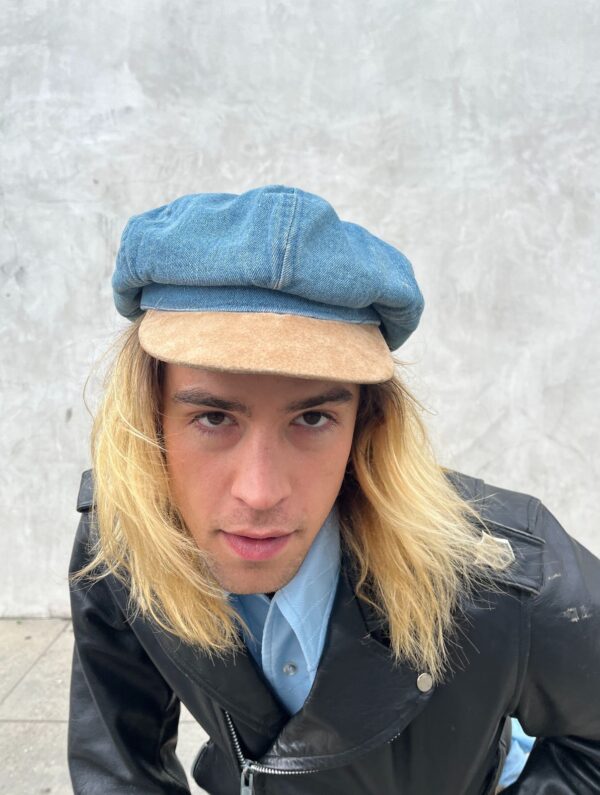 RAD!! 1990S DOES 70S DENIM & SUEDE BRIM PAPERBOY HAT - MADE IN HONG KONG