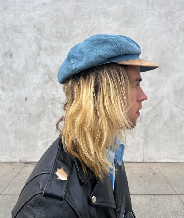 RAD!! 1990S DOES 70S DENIM & SUEDE BRIM PAPERBOY HAT - MADE IN HONG KONG