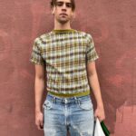 RAD! RARE! 1960S-70S BOXY PLAID DESIGN KNIT RINGER SHIRT CONTRAST COLLAR