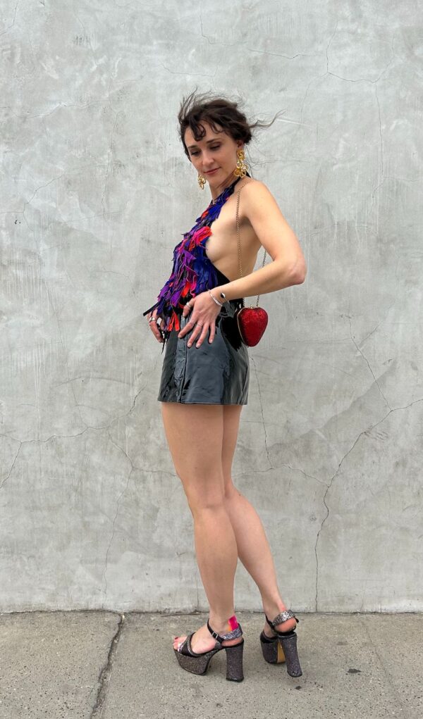 WOW! PATENT LEATHER FRONT SNAP BUTTON A-LINE MINI SKIRT FLORAL PRINT INTERIOR