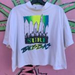 *AS-IS* RAD! 1980S NEON SURF BUBBAS RASH GUARD COLLAR CROPPED T SHIRT