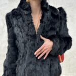 CLASSIC RETRO BLACK RABBIT FUR COAT LARGE BUTTONS – MADE IN KOREA