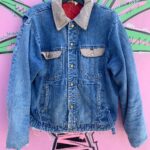 THRASHED DENIM JACKET RED QUILTED LINING, CORDUROY COLLAR