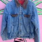 AS-IS DENIM JACKET RED QUILTED LINING, CORDUROY COLLAR