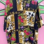 FLORAL GOLD CREST PRINTED SILKY SHORT SLEEVE BUTTON UP BLOUSE