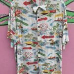 RAD! ALLOVER RESORT TOWN PRINT SLINKY RAYON SHIRT COCONUT BUTTONS