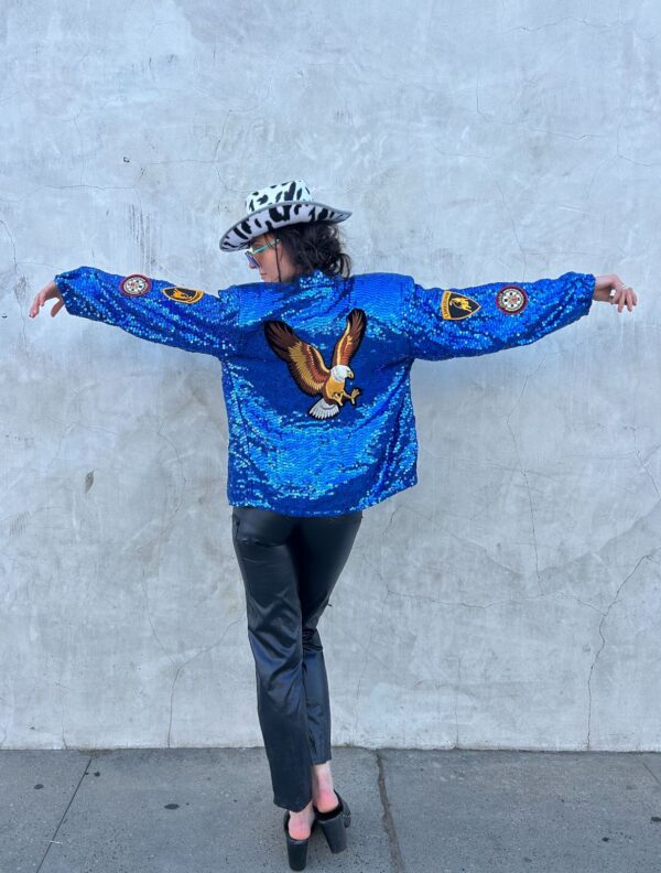 ALL OVER SEQUIN AUTOMOTIVE PATCHES EAGLE BACK PATCH SNAP BUTTON BOMBER JACKET