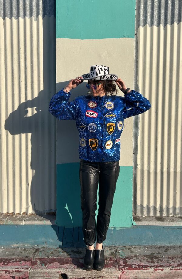 ALL OVER SEQUIN AUTOMOTIVE PATCHES EAGLE BACK PATCH SNAP BUTTON BOMBER JACKET