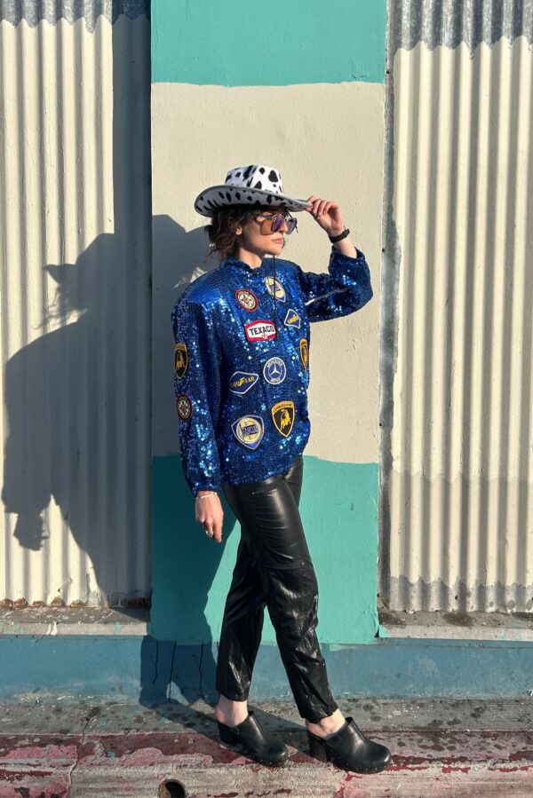 ALL OVER SEQUIN AUTOMOTIVE PATCHES EAGLE BACK PATCH SNAP BUTTON BOMBER JACKET