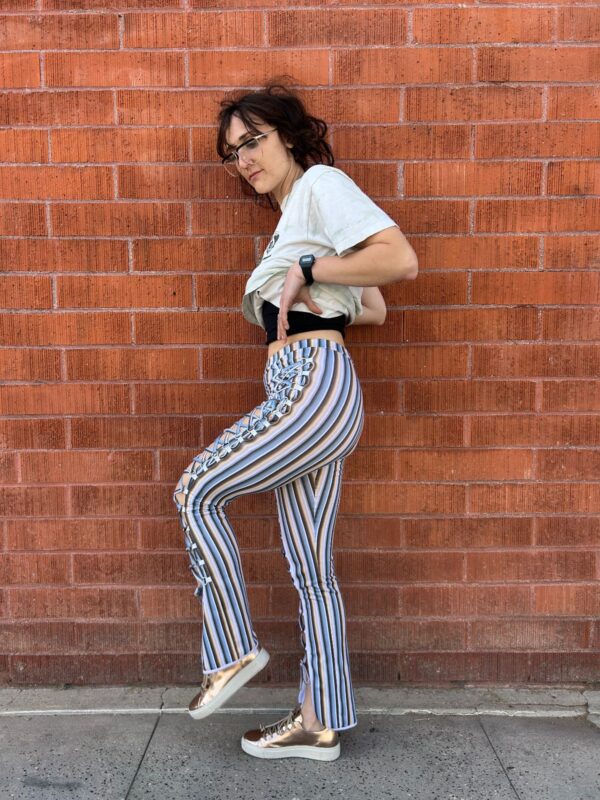 NWT VERTICAL STRIPE WHITE TRIM LACE UP HARNESS PANTS