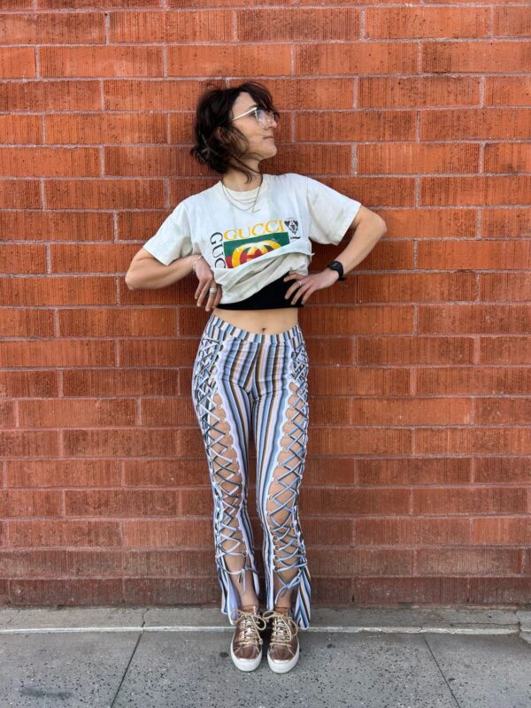 NWT VERTICAL STRIPE WHITE TRIM LACE UP HARNESS PANTS