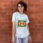 WOW! 1980S BOOTLEG PUFF & CRACKLE GUCCI LOGO SINGLE STITCHED TSHIRT, SLIGHT TIE-DYE