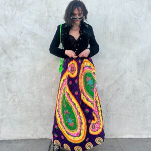 Photo detail:*DEADSTOCK* BRIGHT! 1960S-70S QUILTED PSYCHEDELIC NEON PAISLEY DESIGN MAXI SKIRT VELVET WAIST