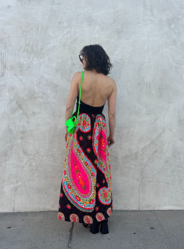 *DEADSTOCK* BRIGHT! 1960S-70S QUILTED PSYCHEDELIC NEON PAISLEY DESIGN MAXI SKIRT VELVET WAIST
