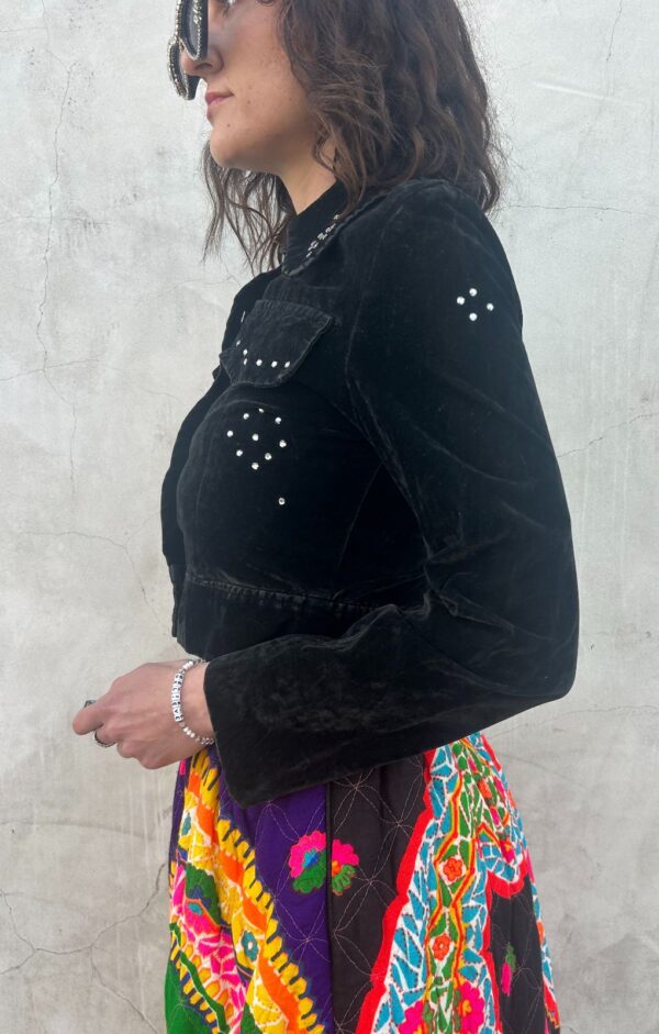FUCKING KILLER! 1960S RHINESTONE STUDDED CROPPED VELVET JACKET ROUNDED COLLAR UNIQUE RHINESTONE BUTTONS