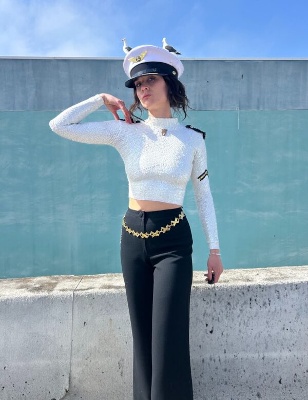 #OVERBOARD! LONG SLEEVE SEQUINED NAUTICAL CAPTAIN'S TOP JAGUAR MEDALLION