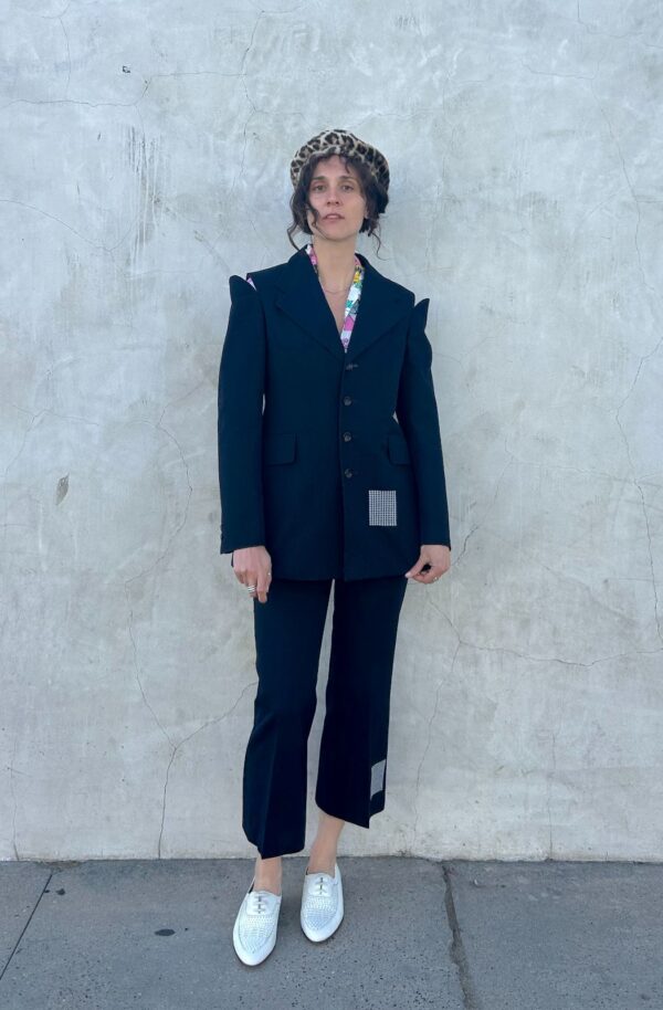 SPLIT SHOULDER EMBROIDERED SQUARE DETAIL TWO PIECE SUIT