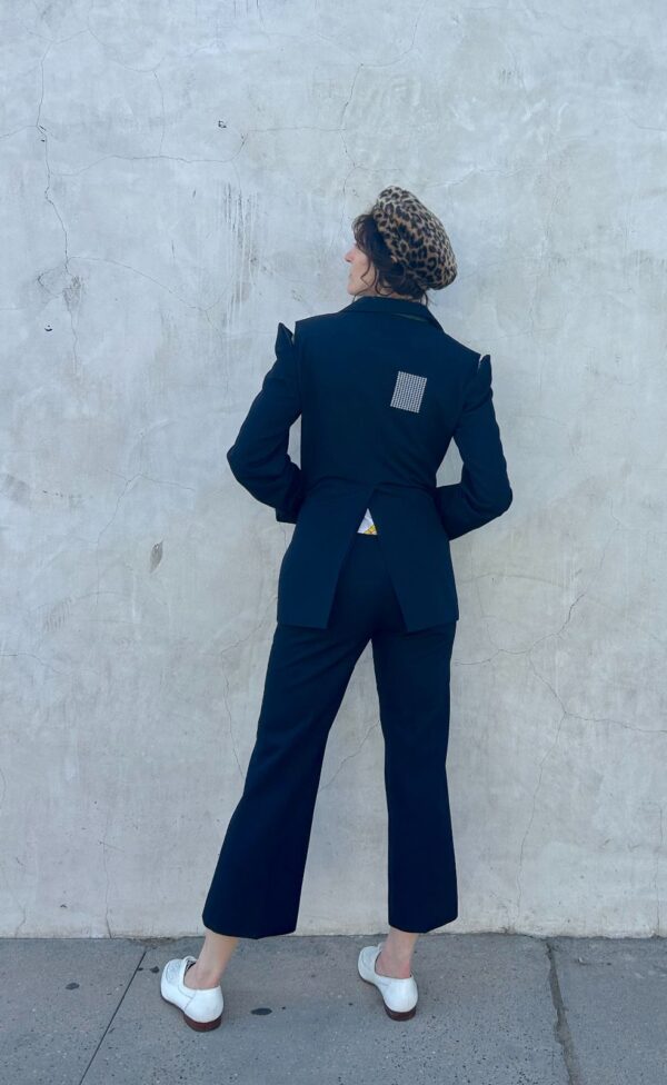 SPLIT SHOULDER EMBROIDERED SQUARE DETAIL TWO PIECE SUIT