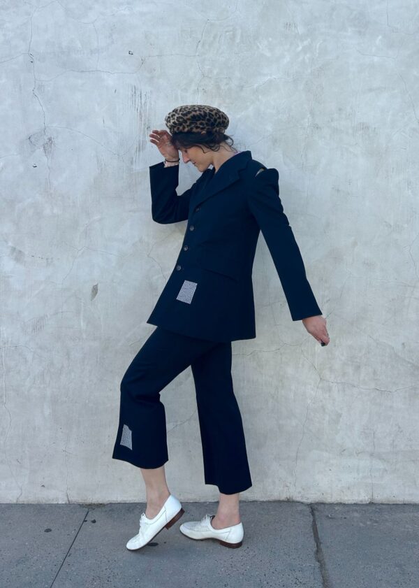 SPLIT SHOULDER EMBROIDERED SQUARE DETAIL TWO PIECE SUIT