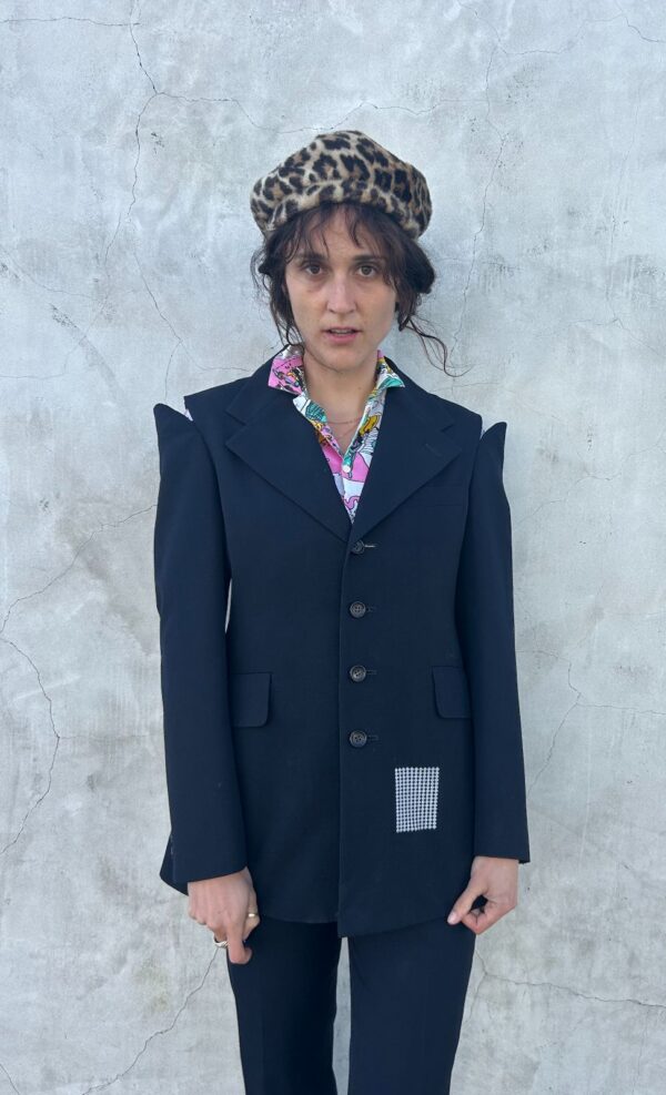 SPLIT SHOULDER EMBROIDERED SQUARE DETAIL TWO PIECE SUIT