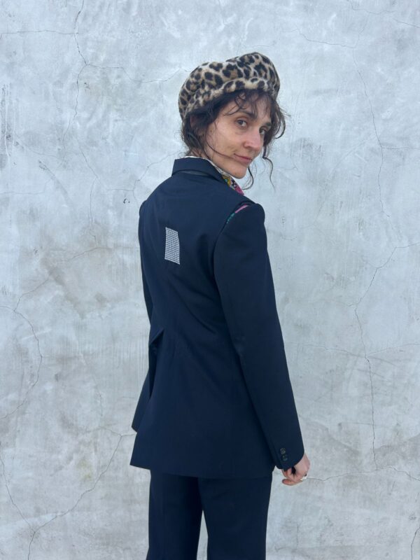 SPLIT SHOULDER EMBROIDERED SQUARE DETAIL TWO PIECE SUIT
