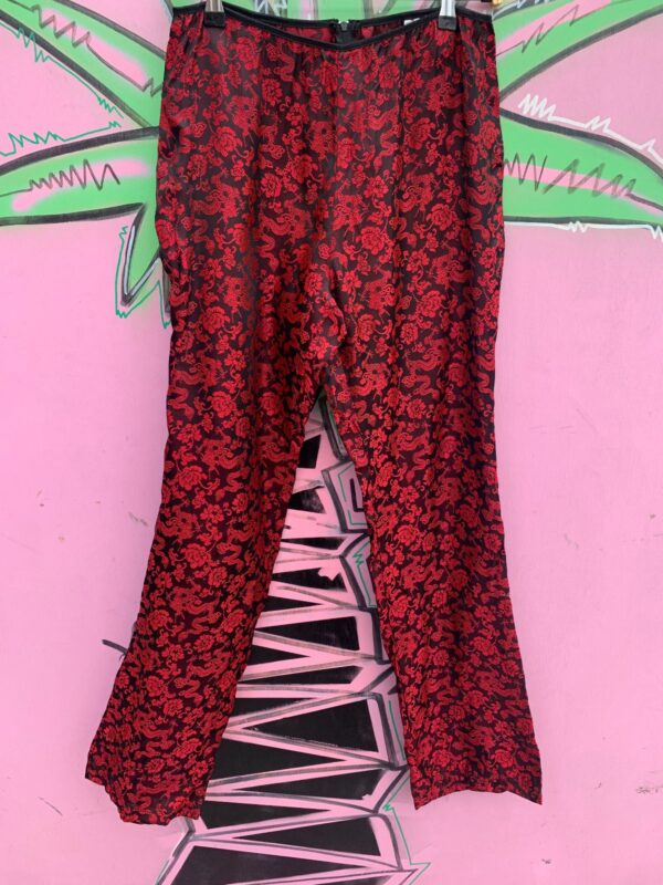 KILLER! DEADSTOCK 1990S | EARLY Y2K MADE IN USA DRAGON BROCADE SILKY FLARED PANTS