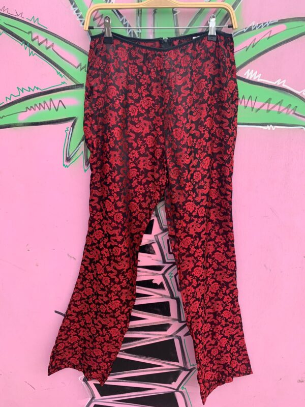 KILLER! DEADSTOCK 1990S | EARLY Y2K MADE IN USA DRAGON BROCADE SILKY FLARED PANTS