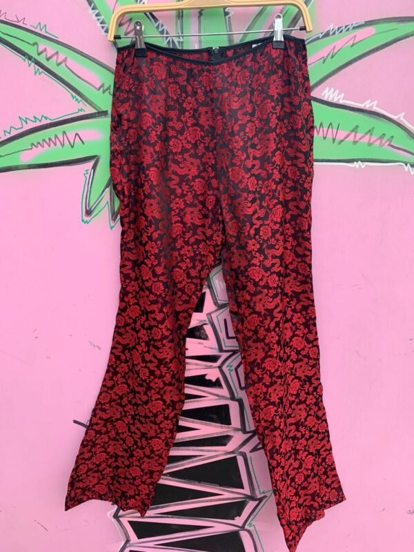 KILLER! DEADSTOCK 1990S | EARLY Y2K MADE IN USA DRAGON BROCADE SILKY FLARED PANTS