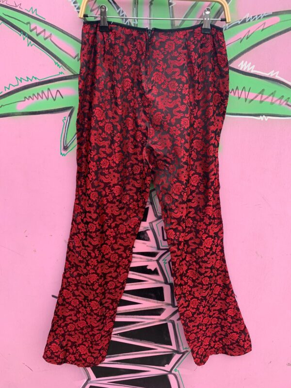 KILLER! DEADSTOCK 1990S | EARLY Y2K MADE IN USA DRAGON BROCADE SILKY FLARED PANTS