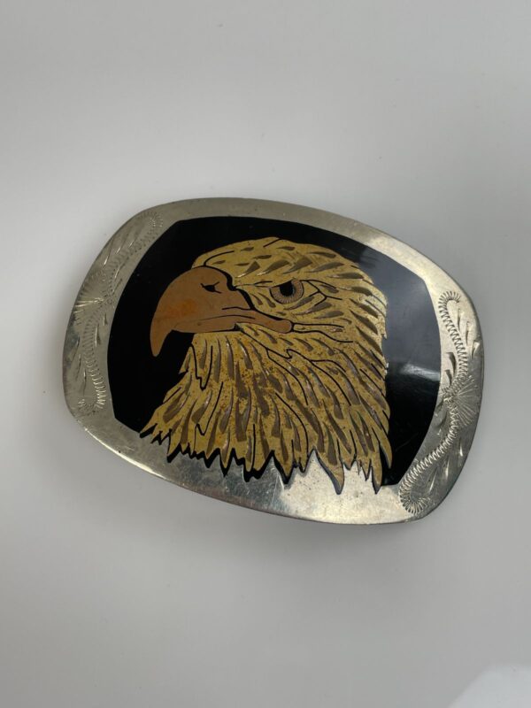 GORGEOUS! ETCHED & CARVED EAGLE DESIGN BRASS & COPPER INLAY BELT BUCKLE