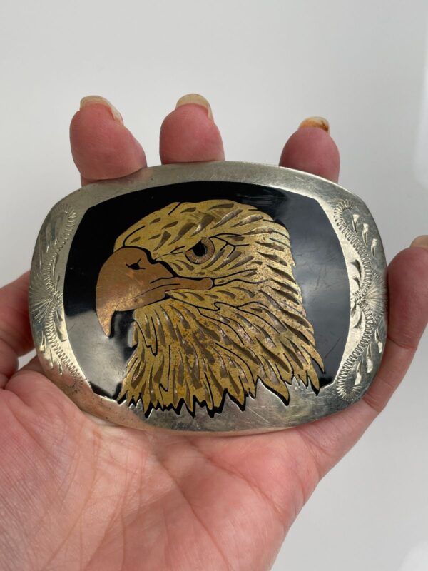 GORGEOUS! ETCHED & CARVED EAGLE DESIGN BRASS & COPPER INLAY BELT BUCKLE
