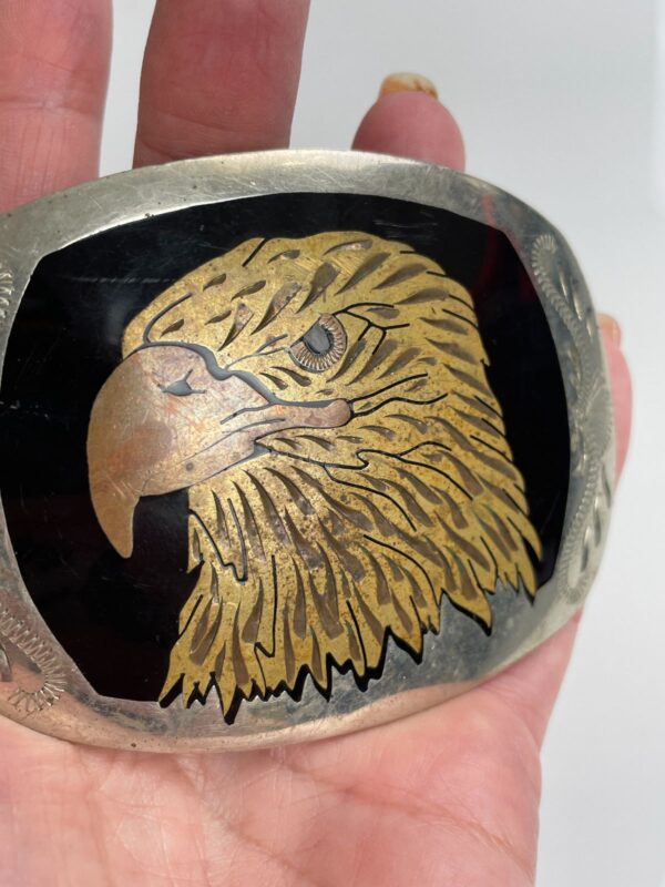 GORGEOUS! ETCHED & CARVED EAGLE DESIGN BRASS & COPPER INLAY BELT BUCKLE