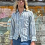AWESOME 1960S ROCK N ROLL HIPPY VERTICAL STRIPED ORNATE MOORISH DESIGN LONG SLEEVE BUTTON DOWN SHIRT DAGGER COLLAR