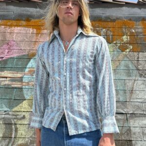 Photo detail:AWESOME 1960S ROCK N ROLL HIPPY VERTICAL STRIPED ORNATE MOORISH DESIGN LONG SLEEVE BUTTON DOWN SHIRT DAGGER COLLAR