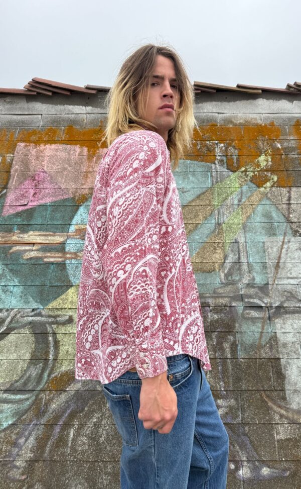 *AS-IS* SUPER GROOVY 2-TONE PRINT 1960S-70S LONG SLEEVE BUTTON DOWN SHIRT DAGGER COLLAR