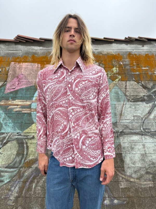 *AS-IS* SUPER GROOVY 2-TONE PRINT 1960S-70S LONG SLEEVE BUTTON DOWN SHIRT DAGGER COLLAR