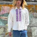 1970S EMBROIDERED LONG SLEEVE BUTTON DOWN CRINKLED COTTON HIPPY SHIRT