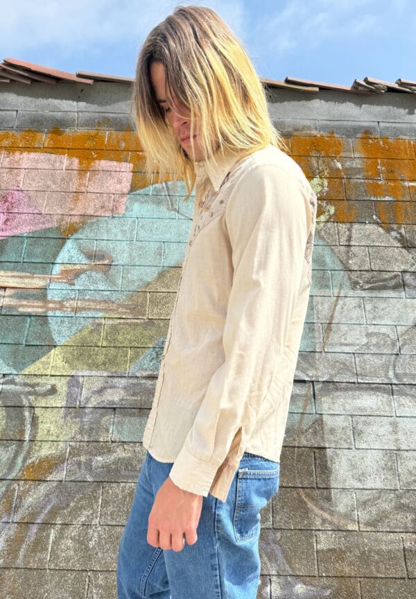 COOL! 1970S QUILTED GEOMETRIC PRINT FRONT & BACK YOKE LONG SLEEVE BUTTON DOWN SHIRT DAGGER COLLAR
