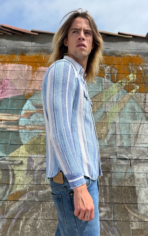 1970S VERTICAL STRIPE WESTERN LONG SLEEVE BUTTON 100% COTTON CREPE DOWN SHIRT