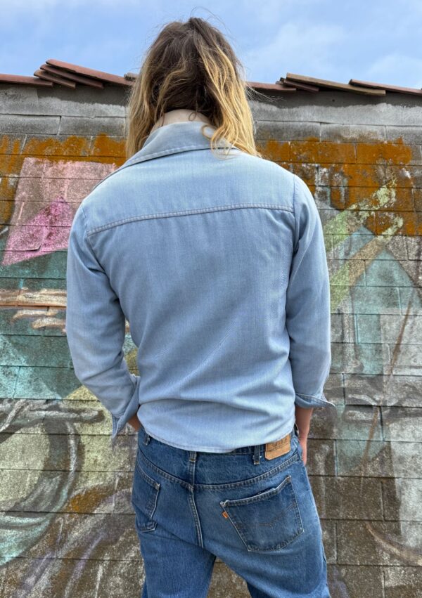 1960S-70S LIGHT WASH DENIM JACKET ANGLED ZIPPER POCKETS COPPER SNAP BUTTONS