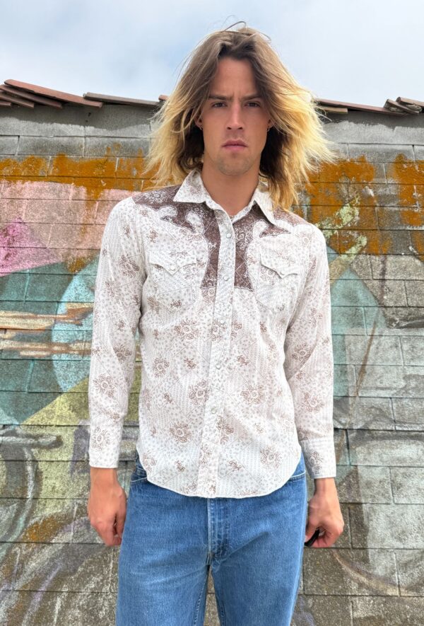 *AS-IS* RAD 1970S SUBTLE POINTILLISM DESIGN FLORAL PRINT PEARL SNAP WESTERN SHIRT CONTRAST YOKE