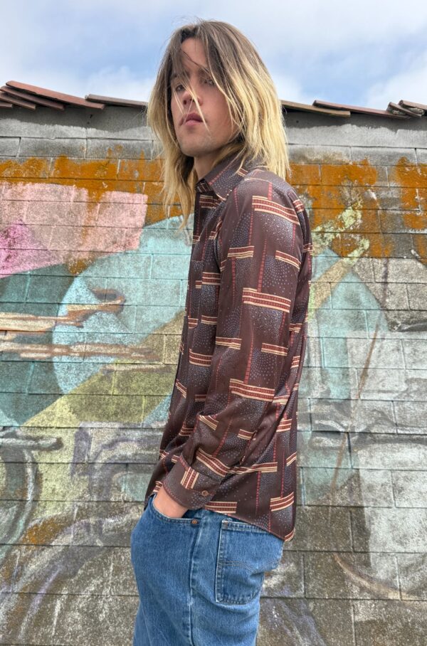 RAD! 1970S FUNKY PRINT LONG SLEEVE POLYESTER DISCO SHIRT