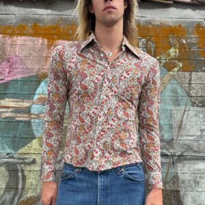 Photo detail:1960S-70S 100% COTTON PAISLEY PRINT LONG SLEEVE BUTTON DOWN SHIRT SMALL FIT