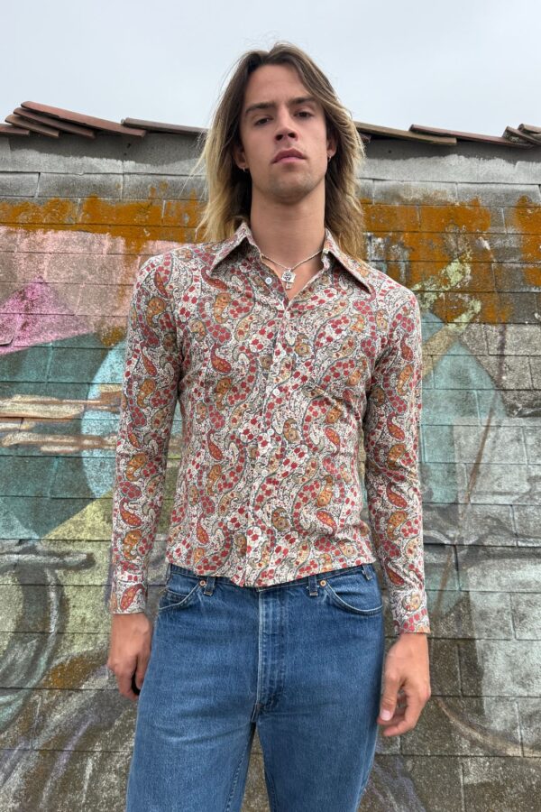 1960S-70S 100% COTTON PAISLEY PRINT LONG SLEEVE BUTTON DOWN SHIRT SMALL FIT