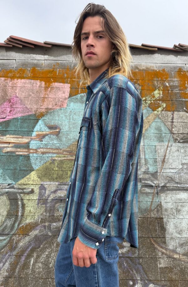 * AS IS* SHADOW PLAID WAFFLE WEAVE LONG SLEEVE PEARL SNAP WESTERN SHIRT