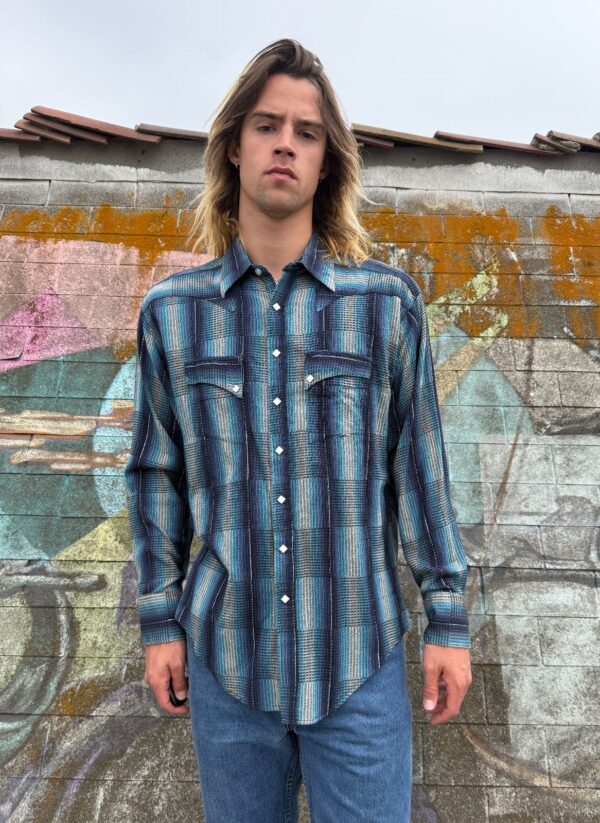 * AS IS* SHADOW PLAID WAFFLE WEAVE LONG SLEEVE PEARL SNAP WESTERN SHIRT