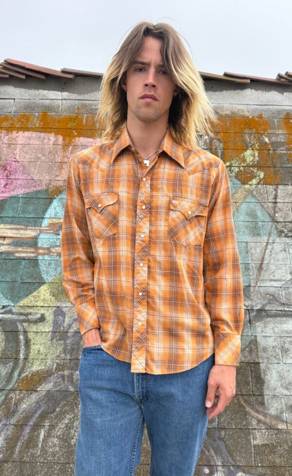 RAD! 1970S SHEER PLAID PEARL SNAP WESTERN SHIRT DAGGER COLLAR