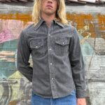 COOL FADED BLACK DENIM PEARL SNAP SHIRT WHITE CONTRAST STITCHING